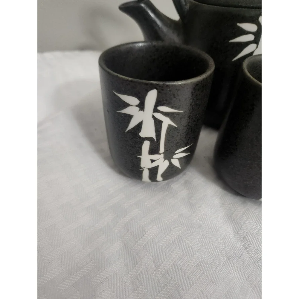 Black Ceramic Bamboo Tea Set with Rattan Handle 4 Cups and Infuser Japanese